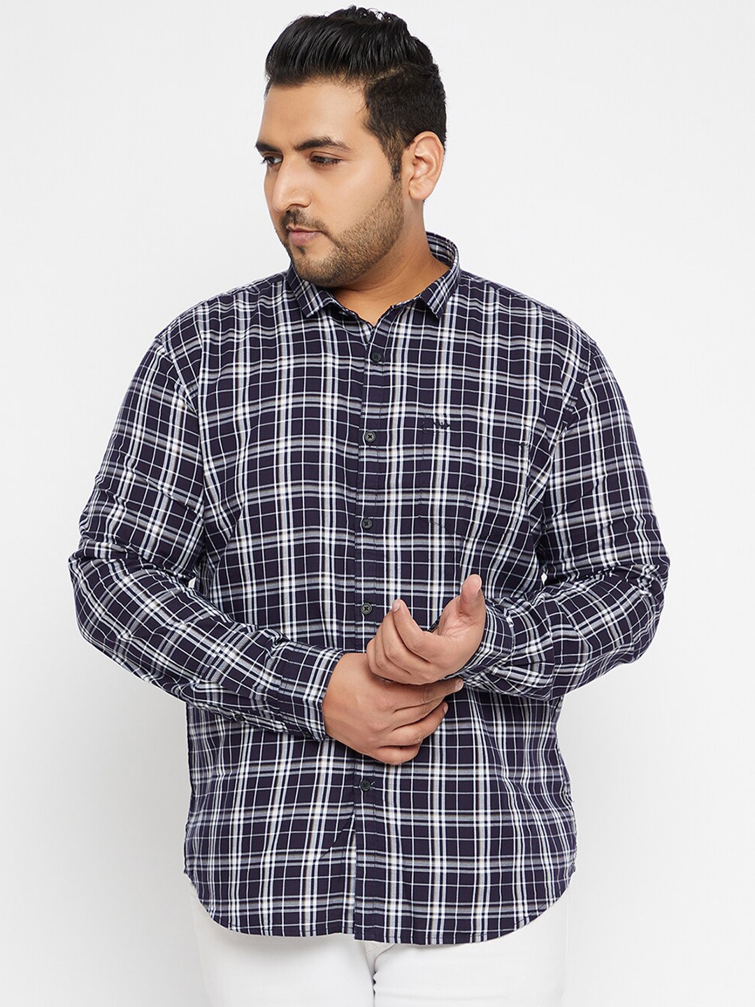 

SHOWOFF Plus Plus Size Comfort Fit Tartan Checks Cotton Casual Shirt, Navy blue