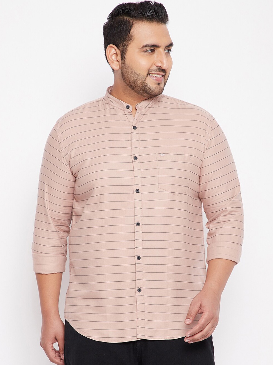 

SHOWOFF Plus Plus Size Horizontal Stripes Comfort Fit Cotton Casual Shirt, Beige