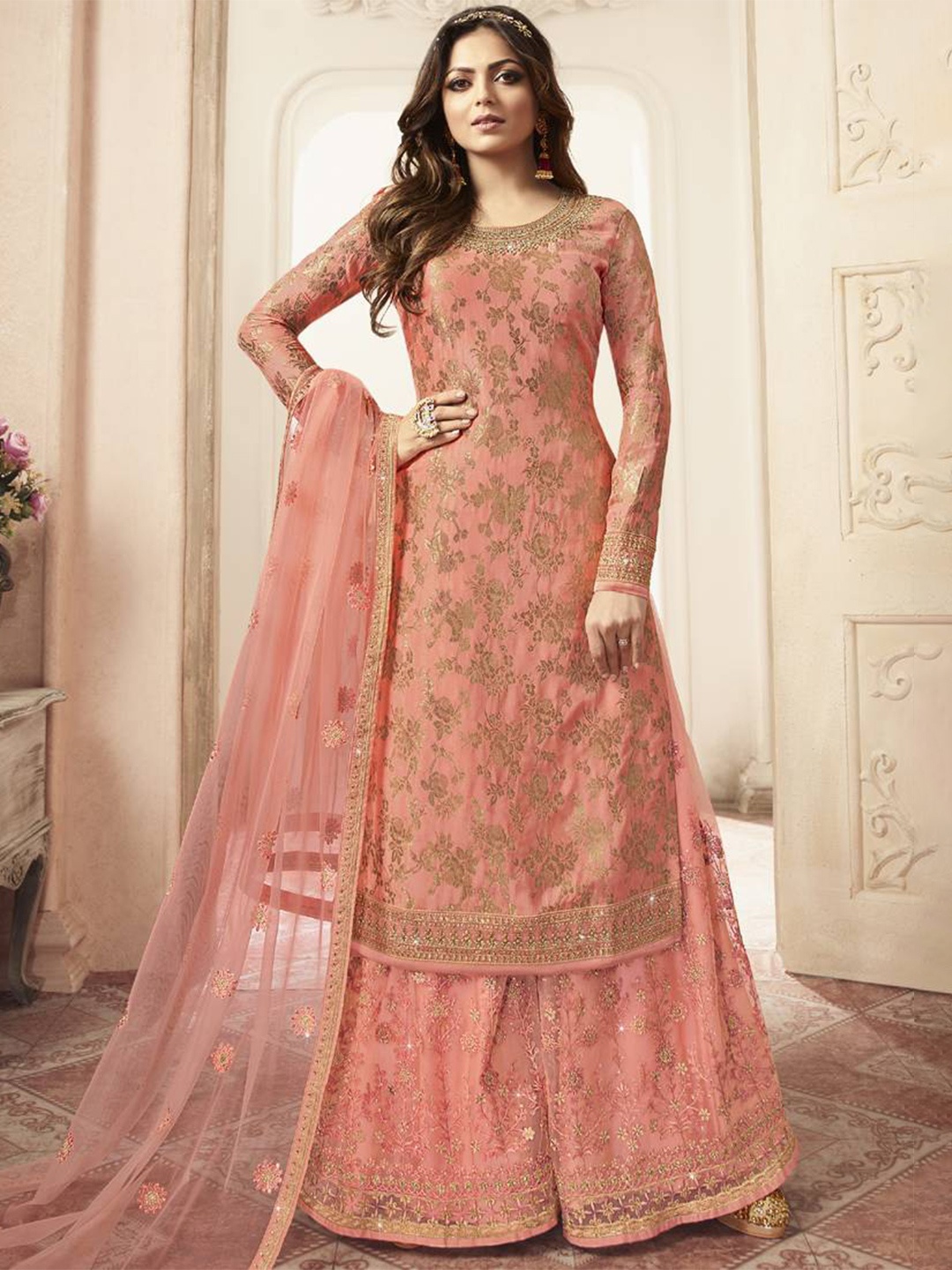 

JATRIQQ Woven Design Art Silk Semi-Stitched Dress Material, Peach