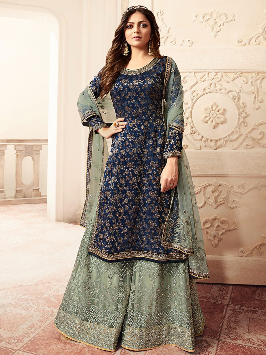 

JATRIQQ Woven Design Art Silk Semi-Stitched Dress Material, Blue