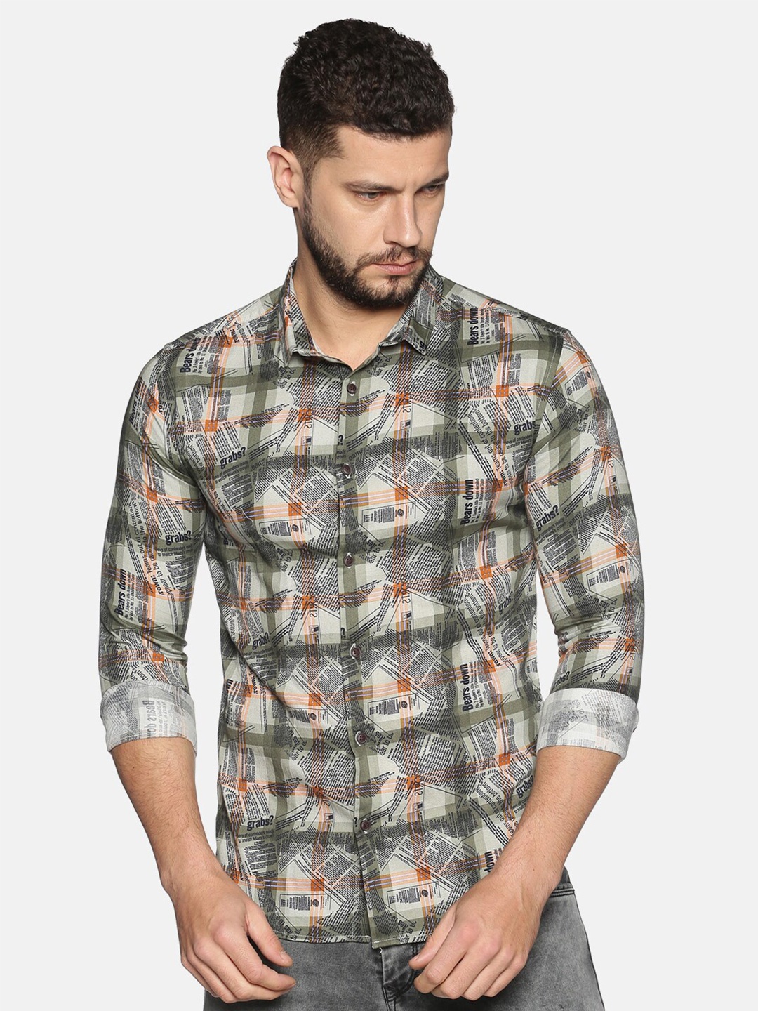 

SHOWOFF Typography Printed Comfort Fit Cotton Casual Shirt, Olive