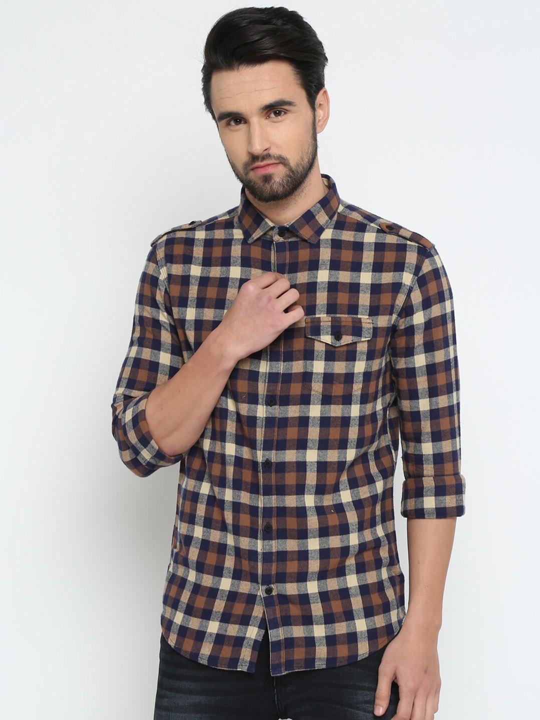 

SHOWOFF Tartan Checks Comfort Fit Cotton Casual Shirt, Brown