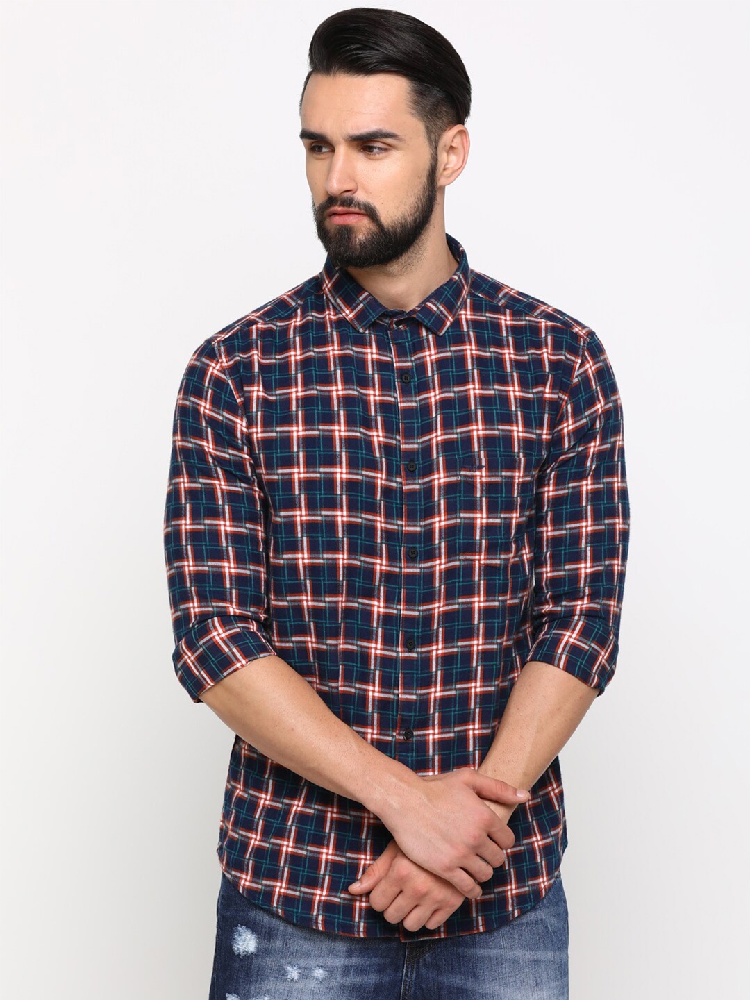 

SHOWOFF Tartan Checks Opaque Comfort Fit Cotton Casual Shirt, Navy blue