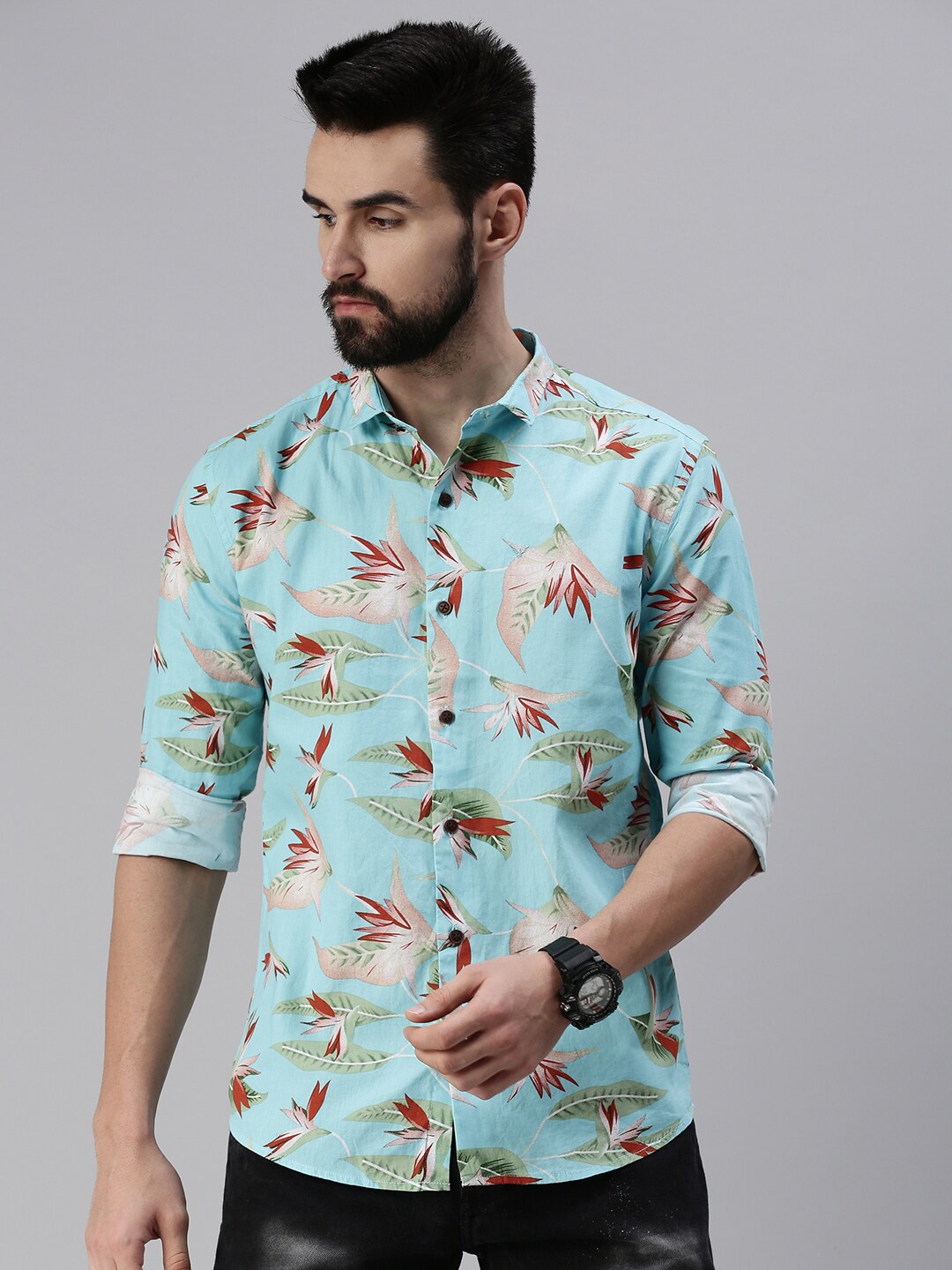 

SHOWOFF Floral Printed Comfort-Fit Cotton Casual Shirt, Teal
