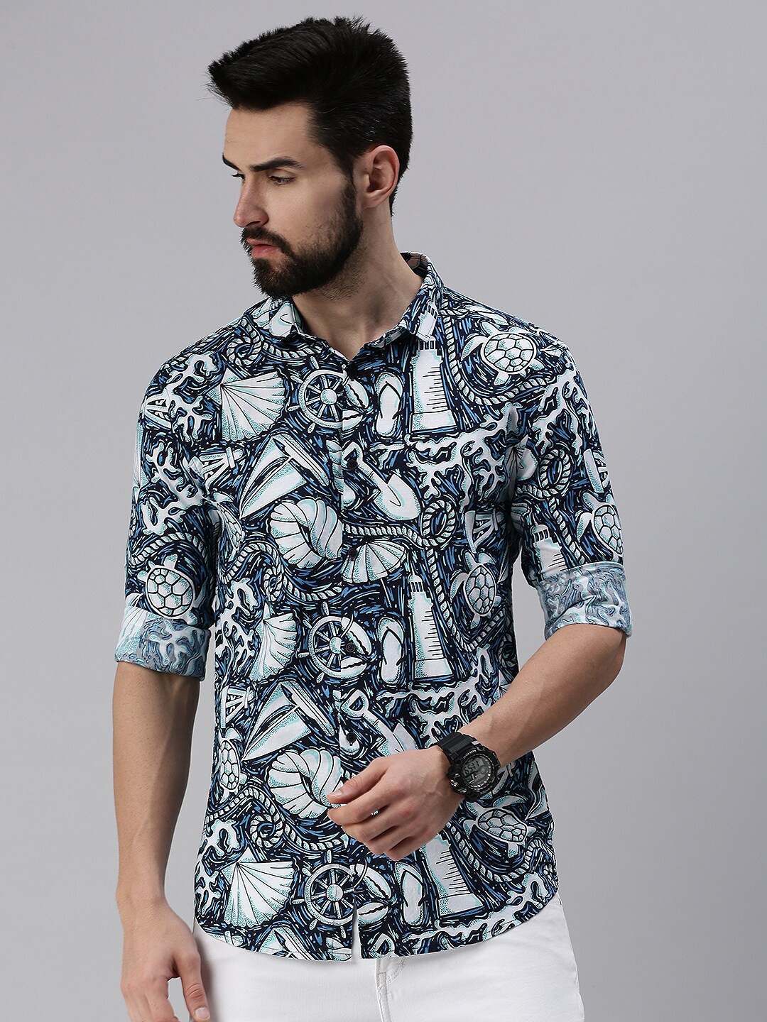 

SHOWOFF Conversational Printed Comfort Fit Cotton Casual Shirt, Navy blue