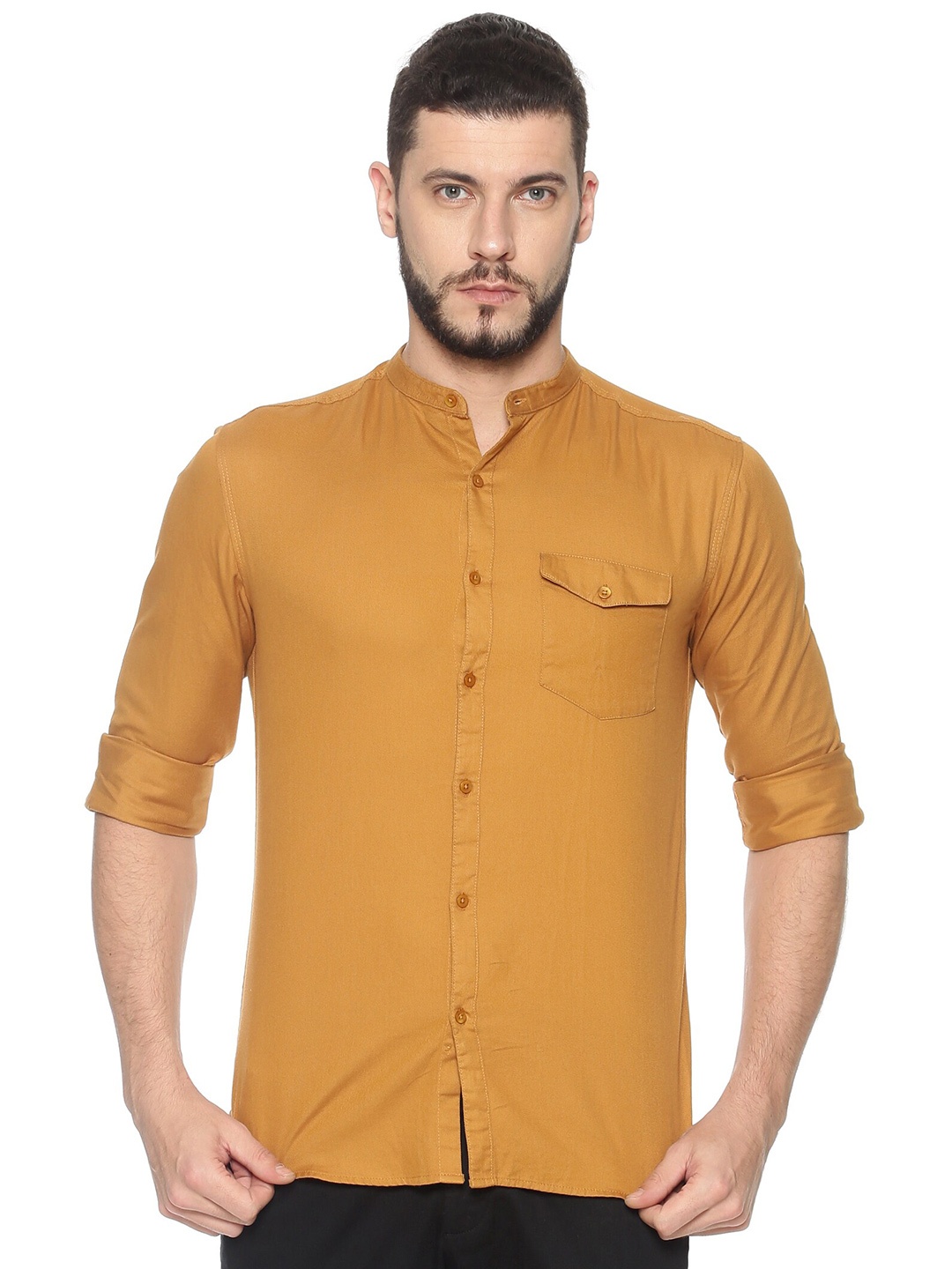 

SHOWOFF Comfort Mandarian Collar Cotton Casual Shirt, Gold