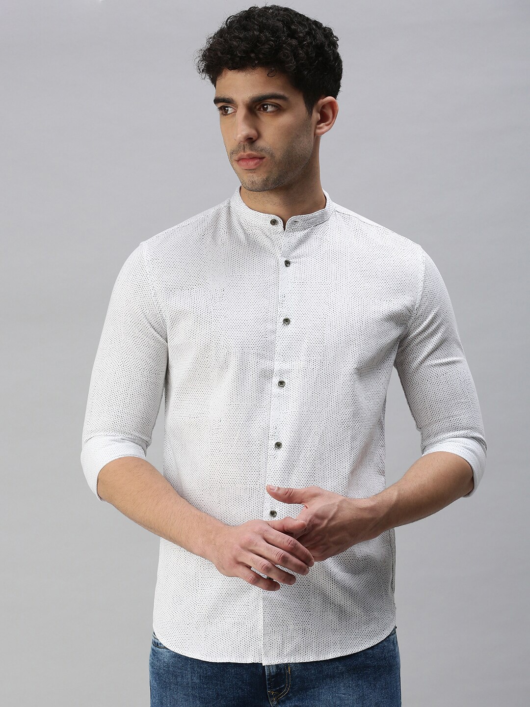 

SHOWOFF Mandarin Collar Premium Micro Ditsy Printed Casual Shirt, White
