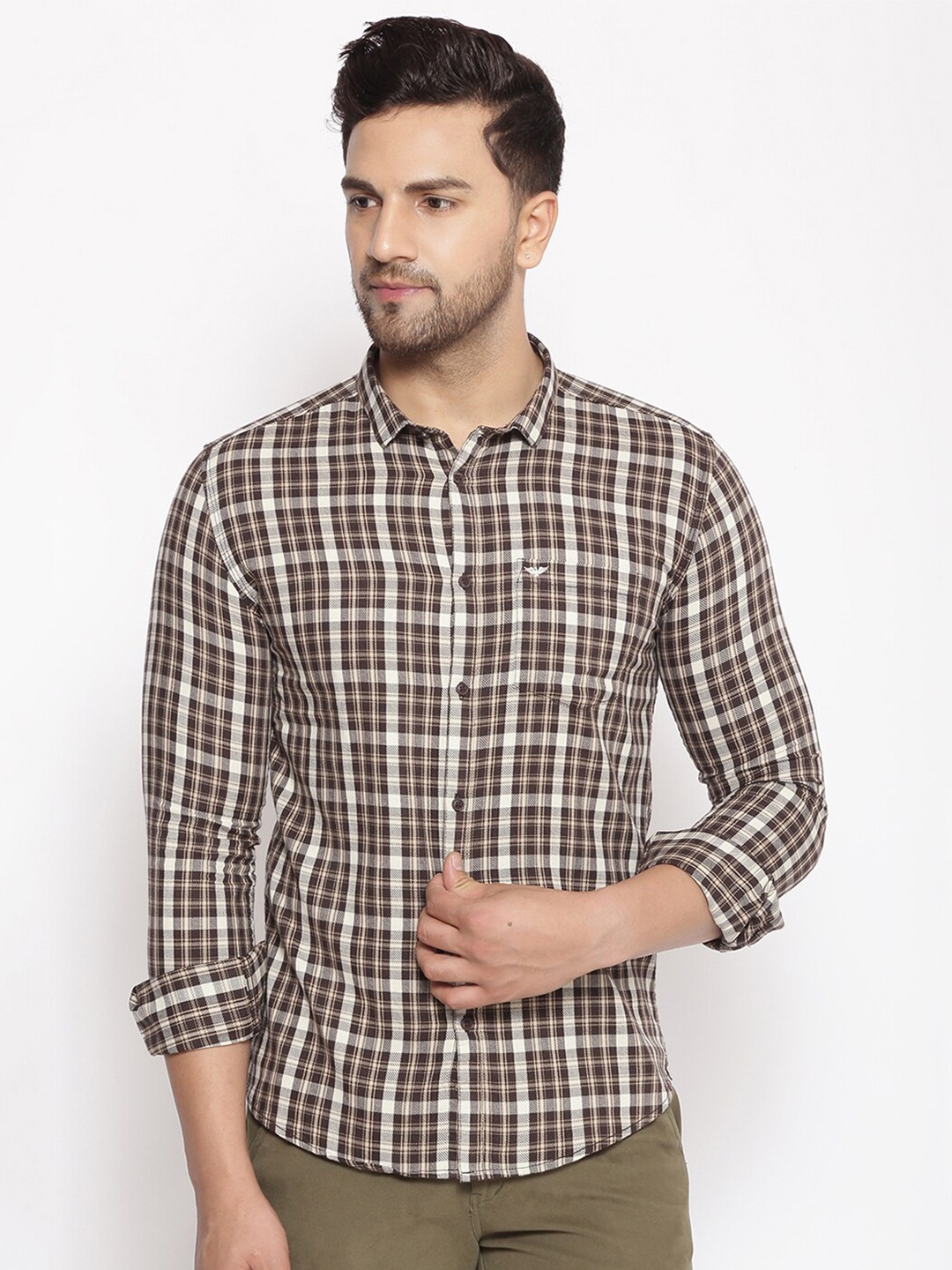 

SHOWOFF Comfort Tartan Checks Cotton Checked Casual Shirt, Brown