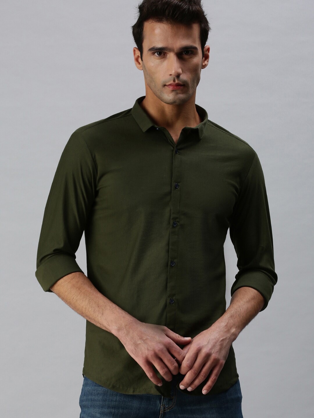 

SHOWOFF Comfort Fit Slim Collar Oxford Cotton Casual Shirt, Olive