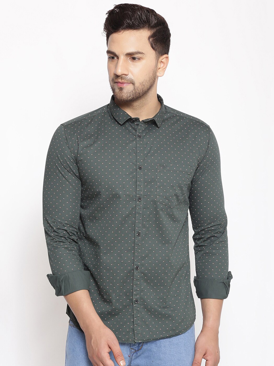 

SHOWOFF Comfort Polka Dots Printed Casual Shirt, Green