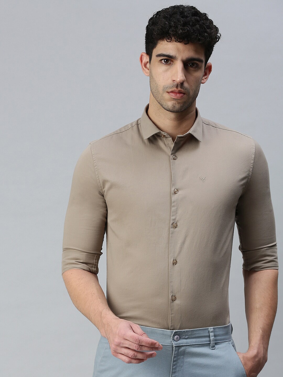 

SHOWOFF Spread Collar Premium Opaque Casual Shirt, Beige