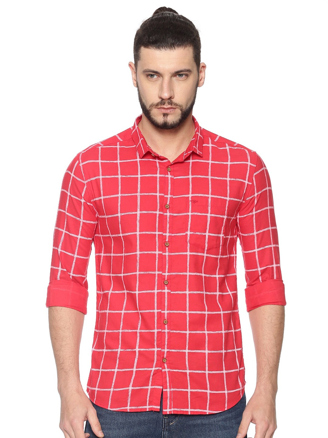 

SHOWOFF Comfort Fit Windowpane Checks Cotton Casual Shirt, Red