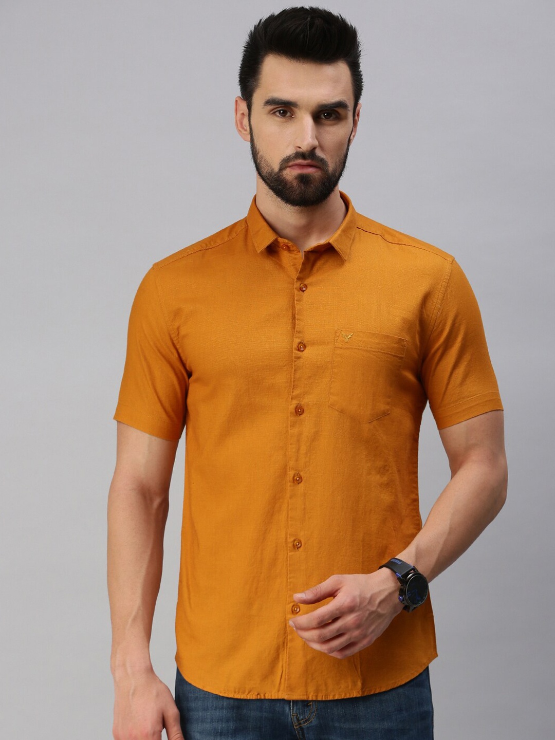 

SHOWOFF Comfort Short Sleeves Cotton Casual Shirt, Mustard