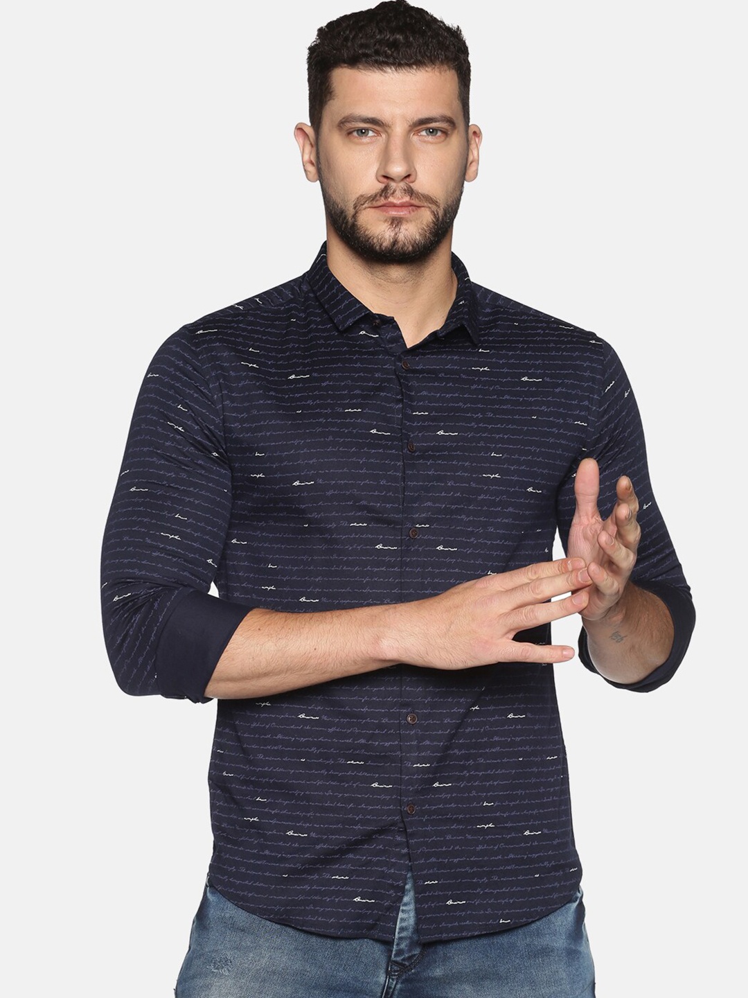 

SHOWOFF Striped Comfort-Fit Cotton Casual Shirt, Navy blue