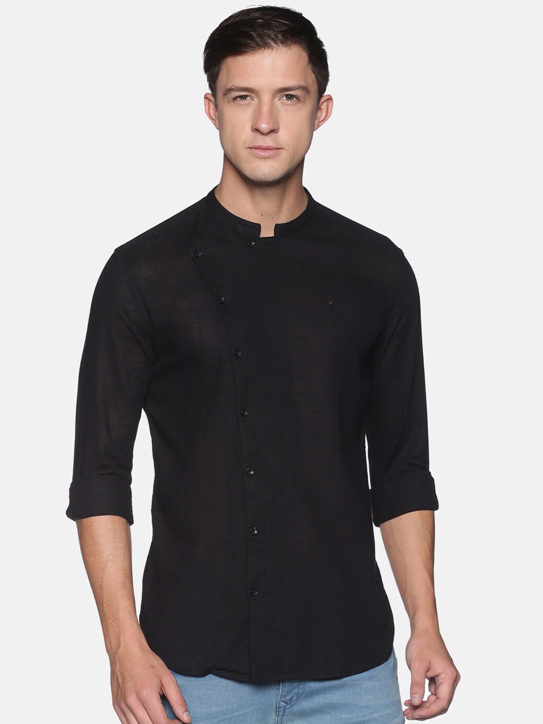 

SHOWOFF Black Comfort Fit Mandarin Collar Linen Casual Shirt