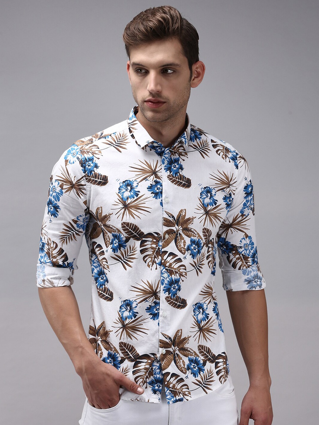 SHOWOFF Floral Printed Comfort Fit Cotton Casual Shirt, White