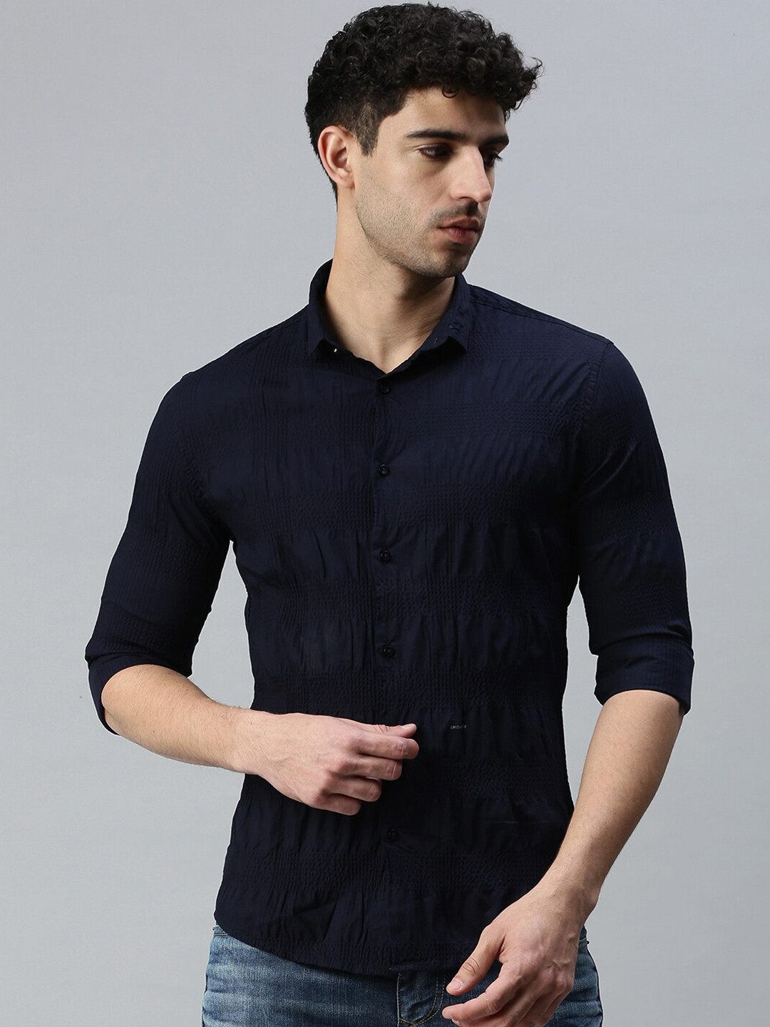 

SHOWOFF Comfort Striped Cotton Casual Shirt, Navy blue