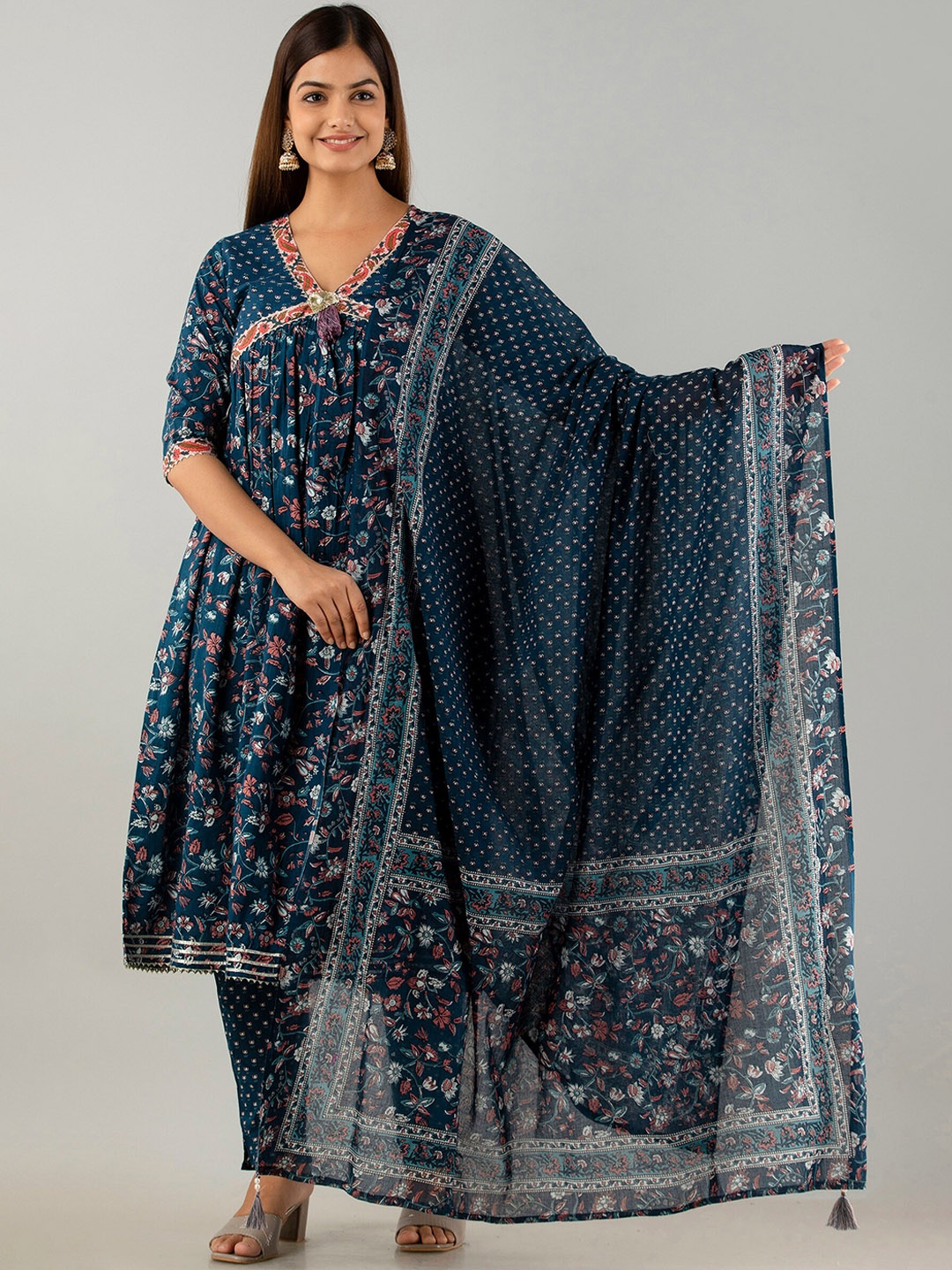 

KALINI Floral Printed Gotta Patti Pure Cotton Kurta with Pyjamas & With Dupatta, Blue