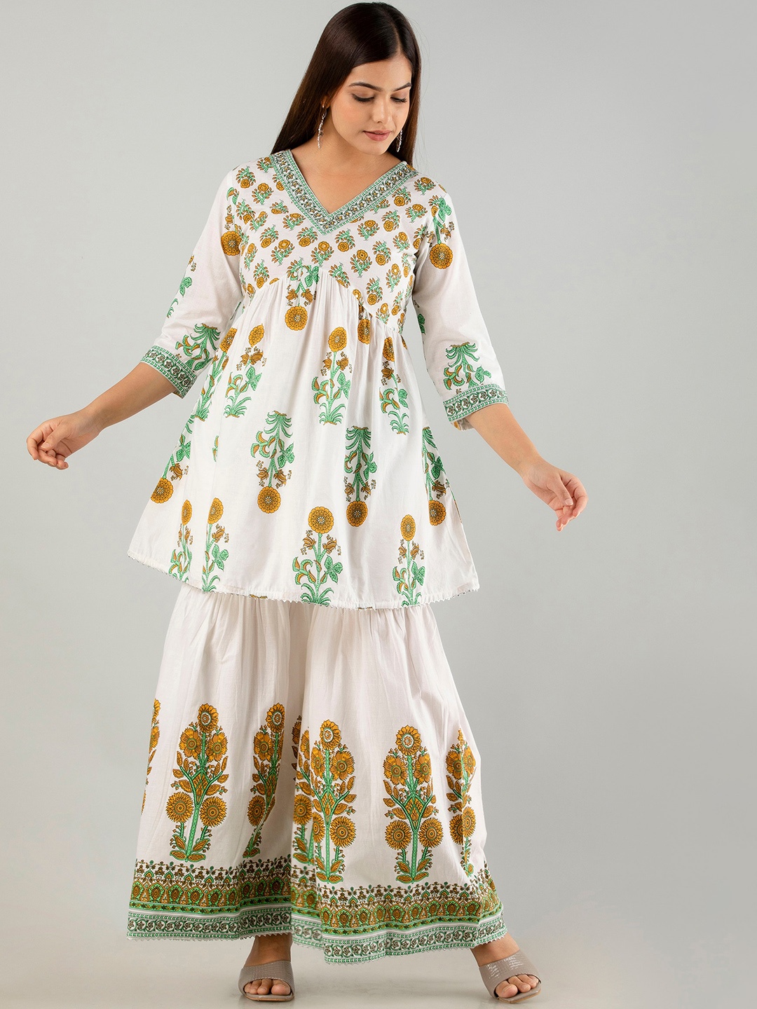 

KALINI Floral Printed Pleated Kurti with Sharara & With Dupatta, White