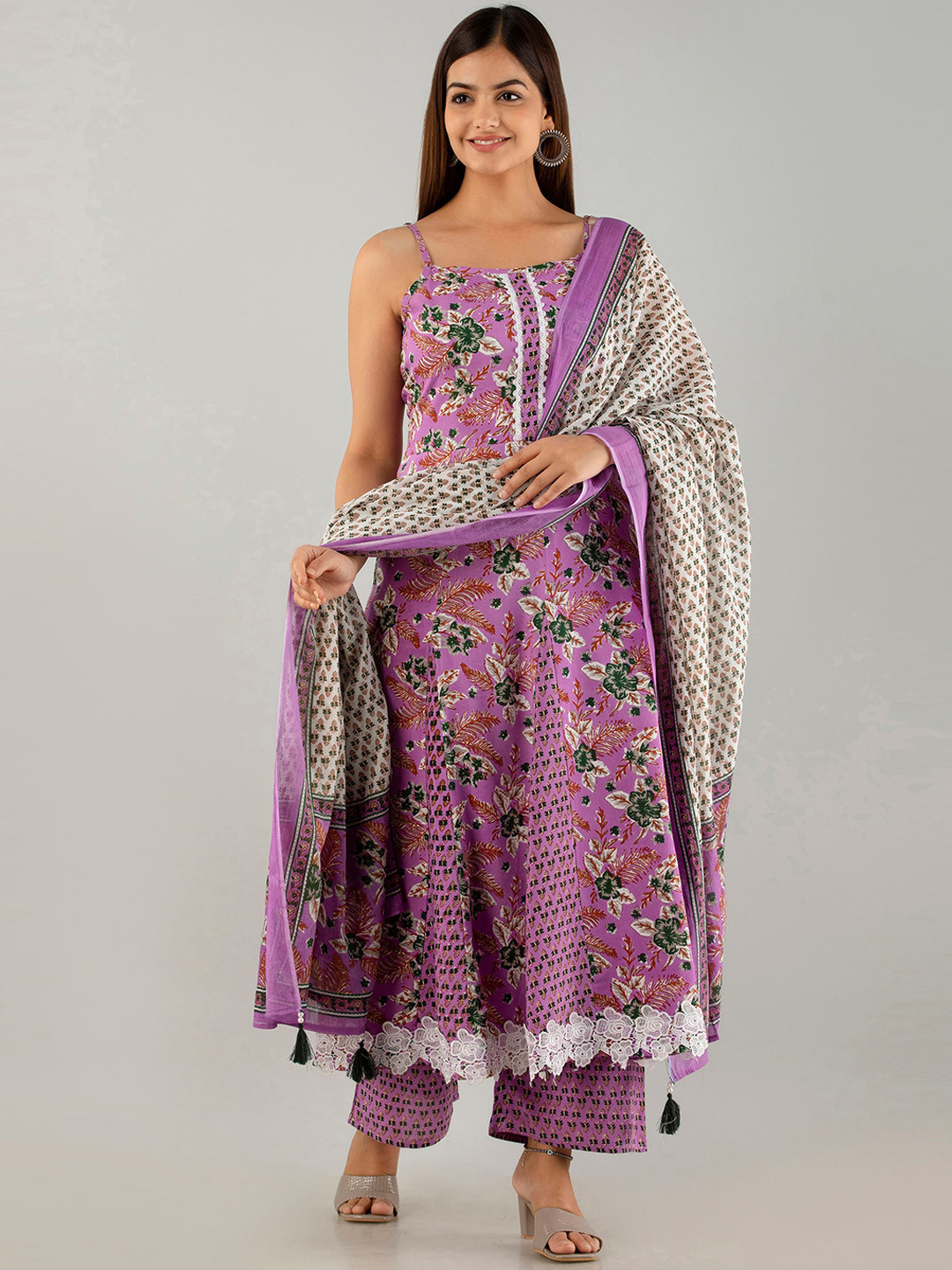 

KALINI Shoulder Straps Floral Printed Panelled Kurta with Trousers & With Dupatta, Purple