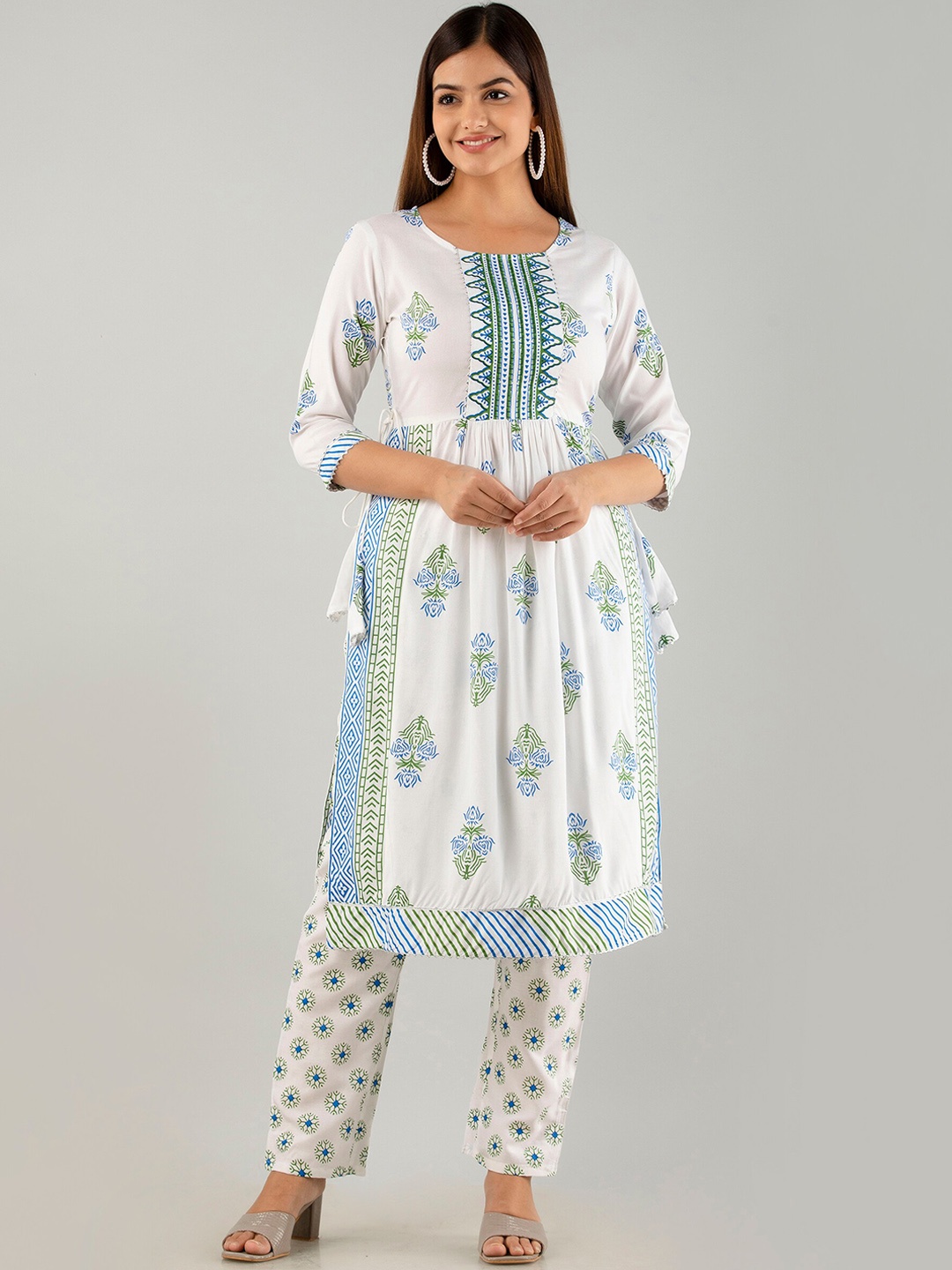 

KALINI Floral Printed Pleated Gotta Patti Kurta with Trousers, White