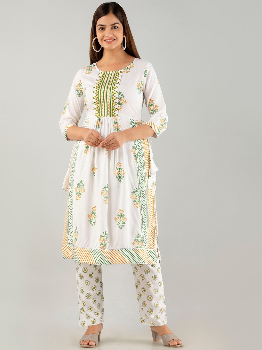 

KALINI Floral Printed Gotta Patti Pleated Kurta with Trousers, White