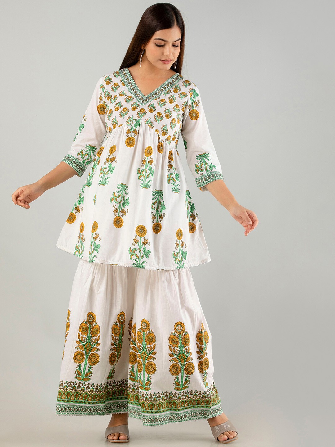 

OMASK Floral Printed Pleated Kurti with Sharara & Dupatta, White