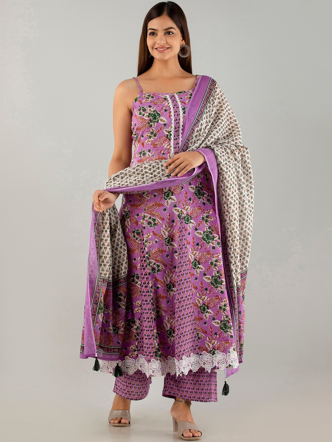 

OMASK Lace Sleeveless Floral Printed Anarkali Kurta with Trousers & Dupatta, Purple