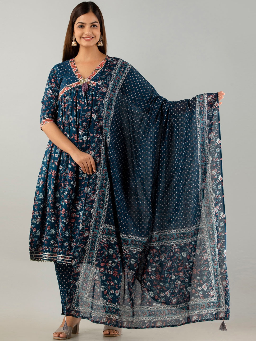 

OMASK Floral Printed Anarkali Pure Cotton Kurta with Trousers & Dupatta, Blue