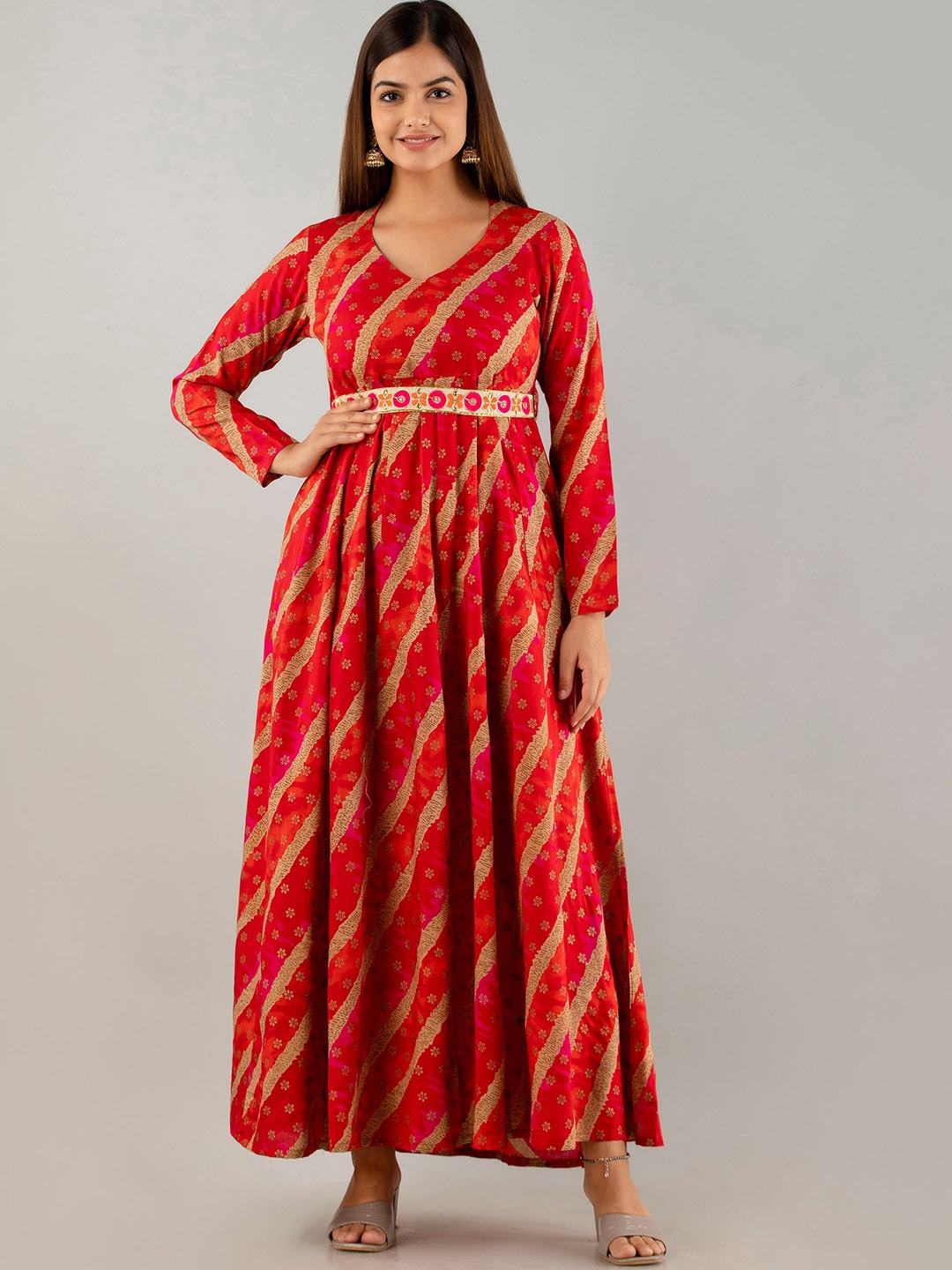 

OMASK Leheriya Printed Maxi Ethnic Dress, Red