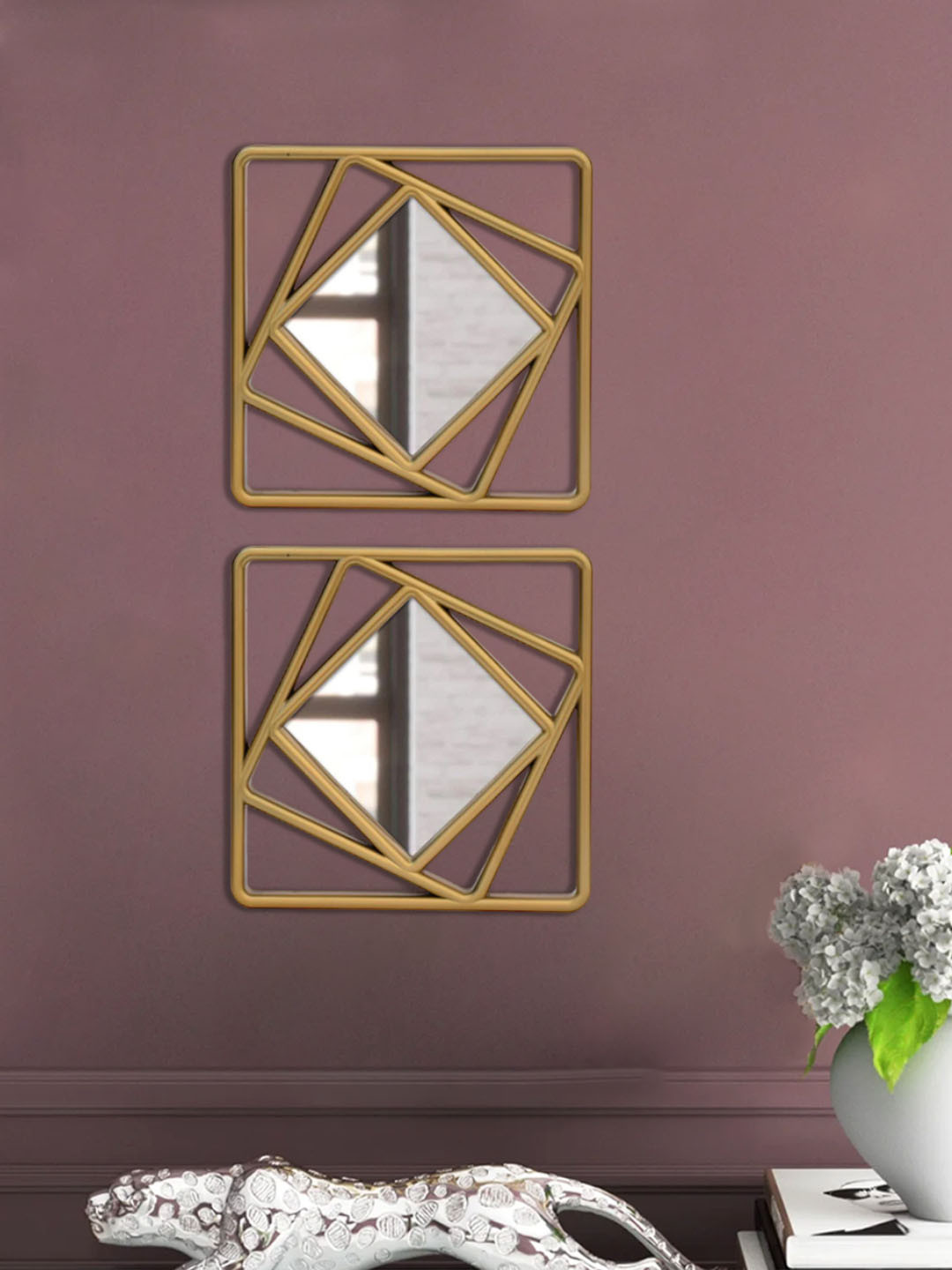 

Art Street 2-Pcs Golden Square Framed Decorative Wall Mirrors, Gold