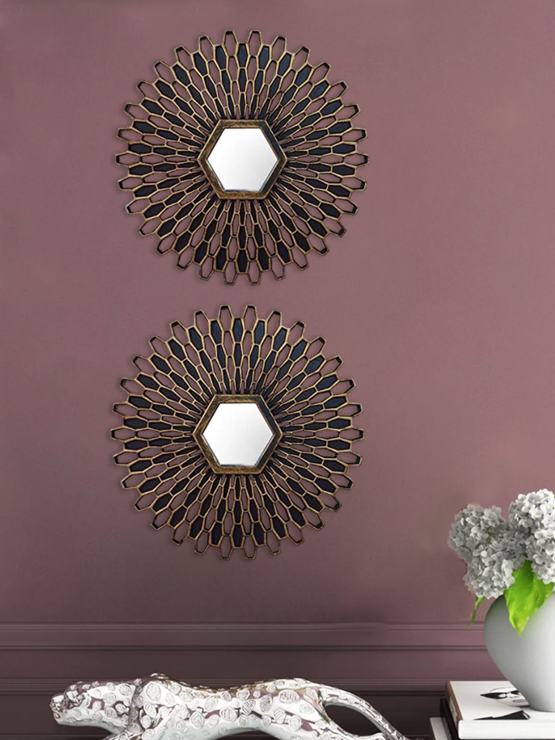 Art Street 2-Pcs Brown Round Framed Decorative Wall Mirrors