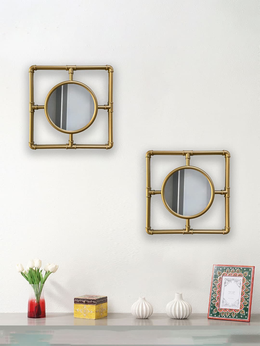 

Art Street 2-Pcs Golden Square Framed Decorative Wall Mirrors, Gold