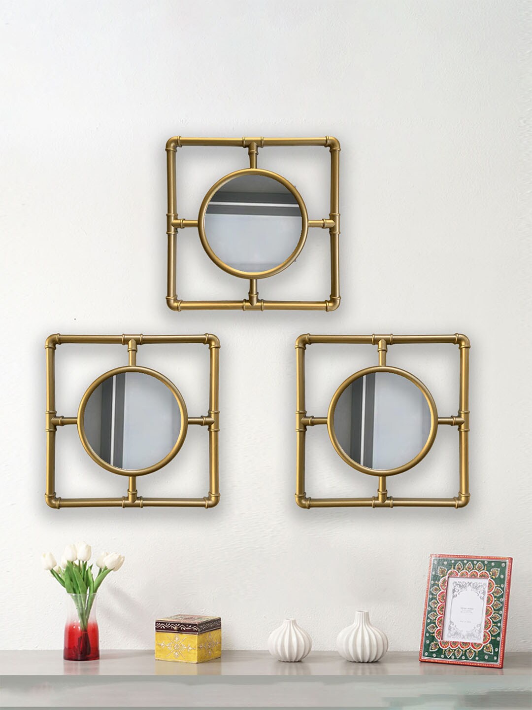

Art Street 3 Pieces Square Framed Decorative Wall Mirrors, Gold