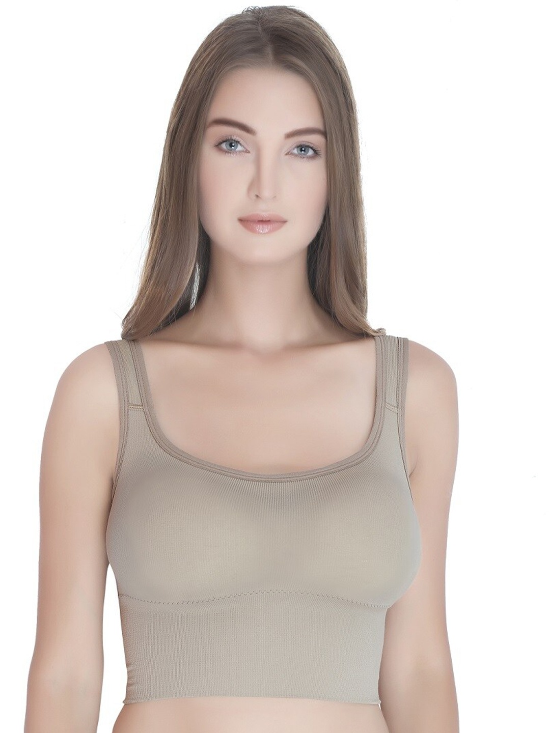 

PLUMBURY Full Coverage Lightly Padded Rapid-Dry Seamless Sports Bra, Beige