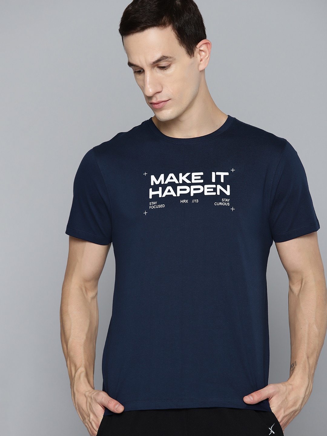 

HRX by Hrithik Roshan Typography Printed Pure Cotton Lifestyle T-shirt, Navy blue