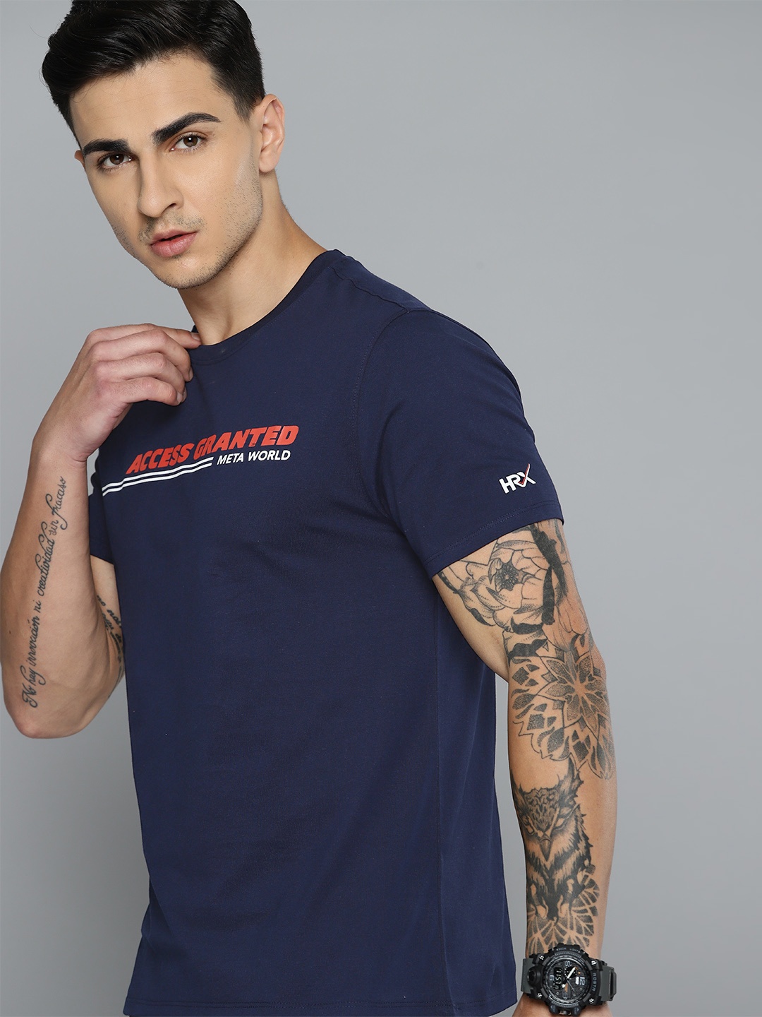 

HRX by Hrithik Roshan Men Typography Printed Pure Cotton T-shirt, Navy blue