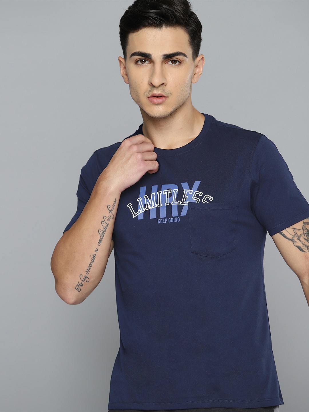 

HRX by Hrithik Roshan Men Brand Logo Printed Pure Cotton T-shirt, Navy blue