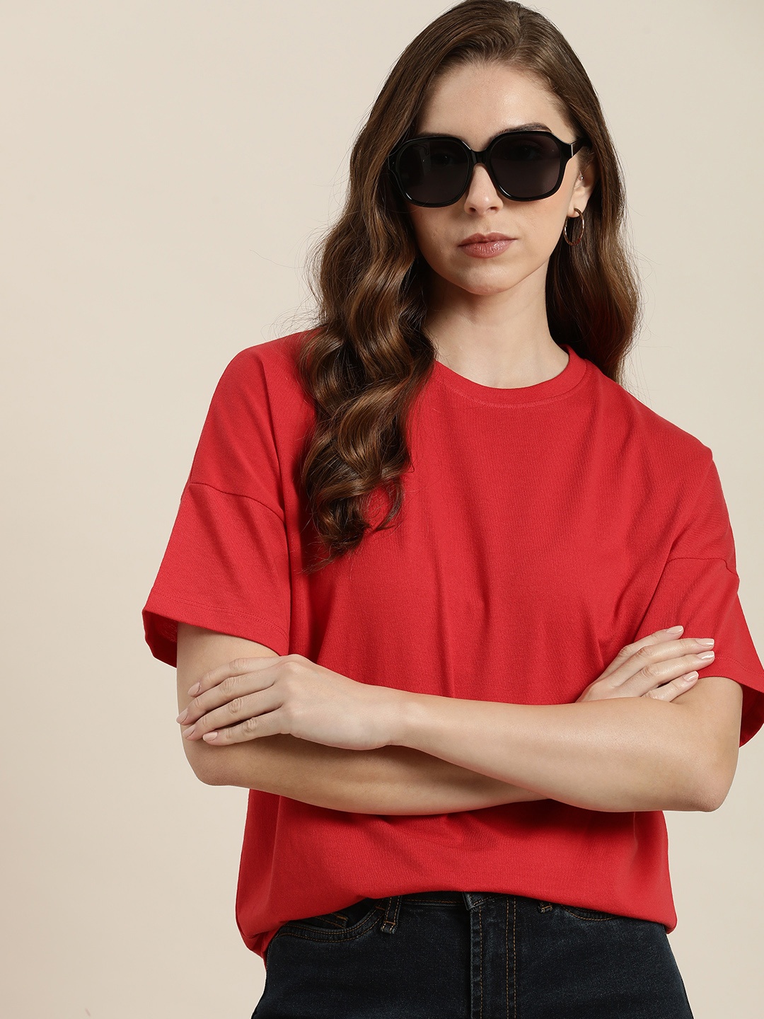 

Moda Rapido Pure Cotton Drop-Shoulder Sleeves T-shirt, Red