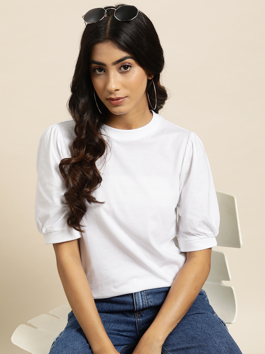 

Moda Rapido Puff Sleeve Pure Cotton Top, White