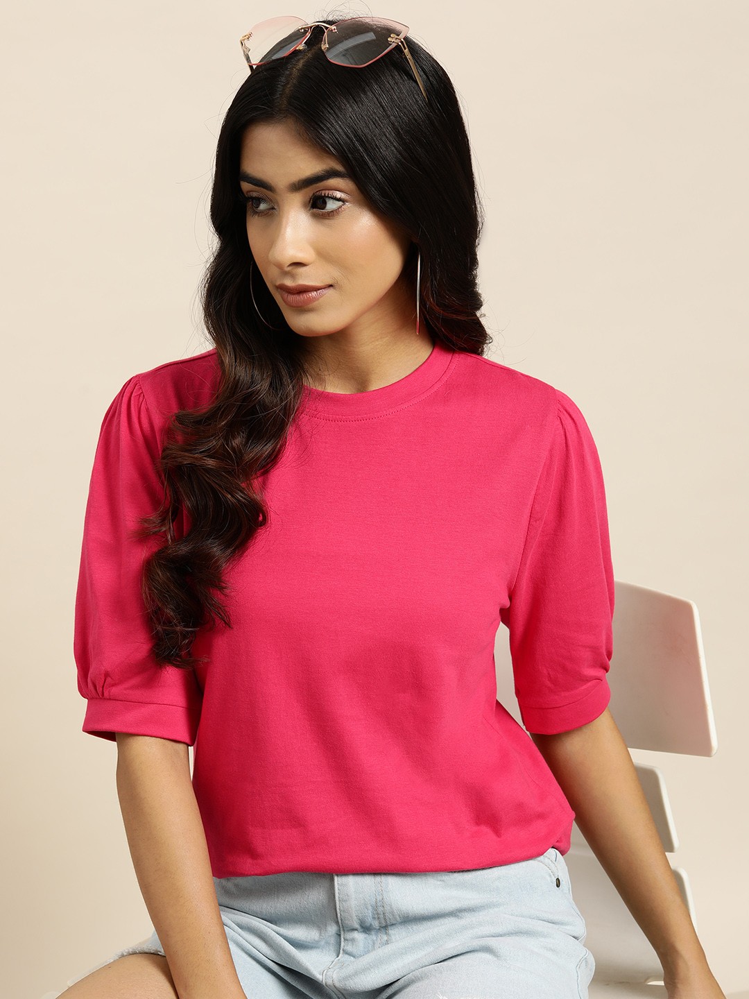 

Moda Rapido Puff Sleeve Pure Cotton Top, Pink