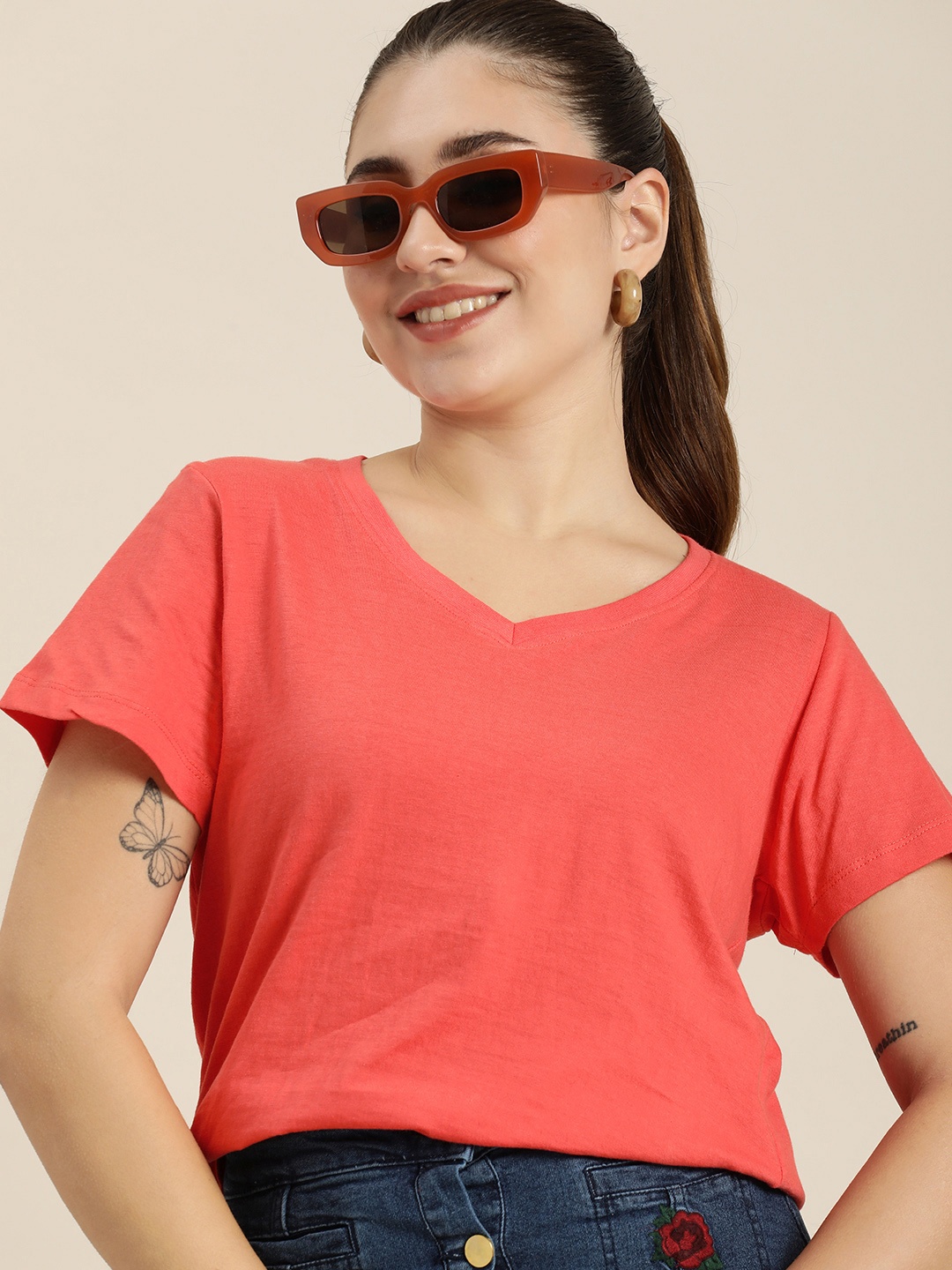 

HERE&NOW V-Neck Pure Cotton T-shirt, Coral