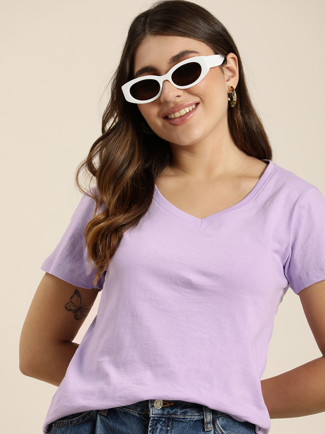 

HERE&NOW V-Neck Pure Cotton T-shirt, Lavender
