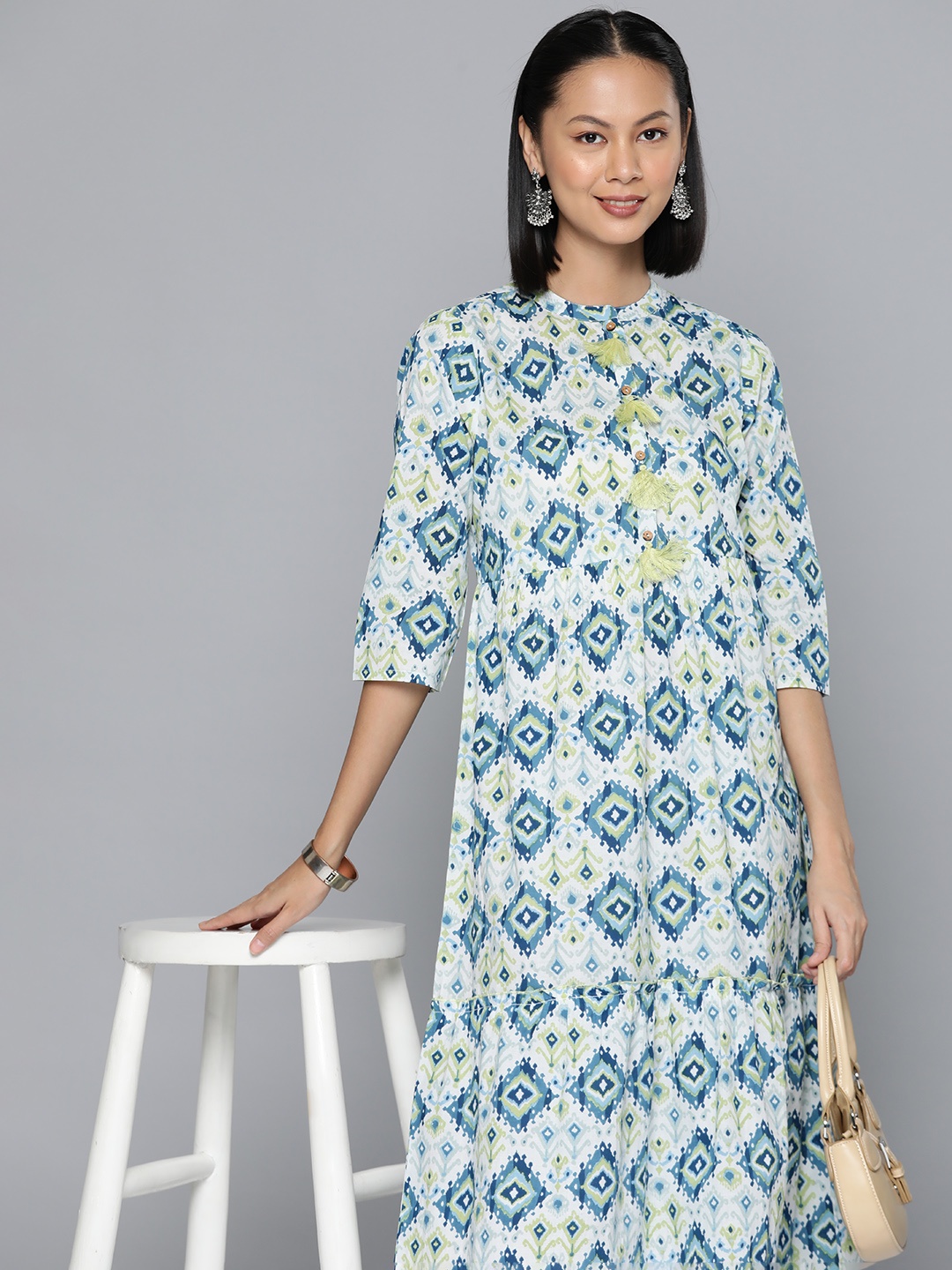 

HERE&NOW Cotton Printed Tiered A-line Ethnic Dress, White