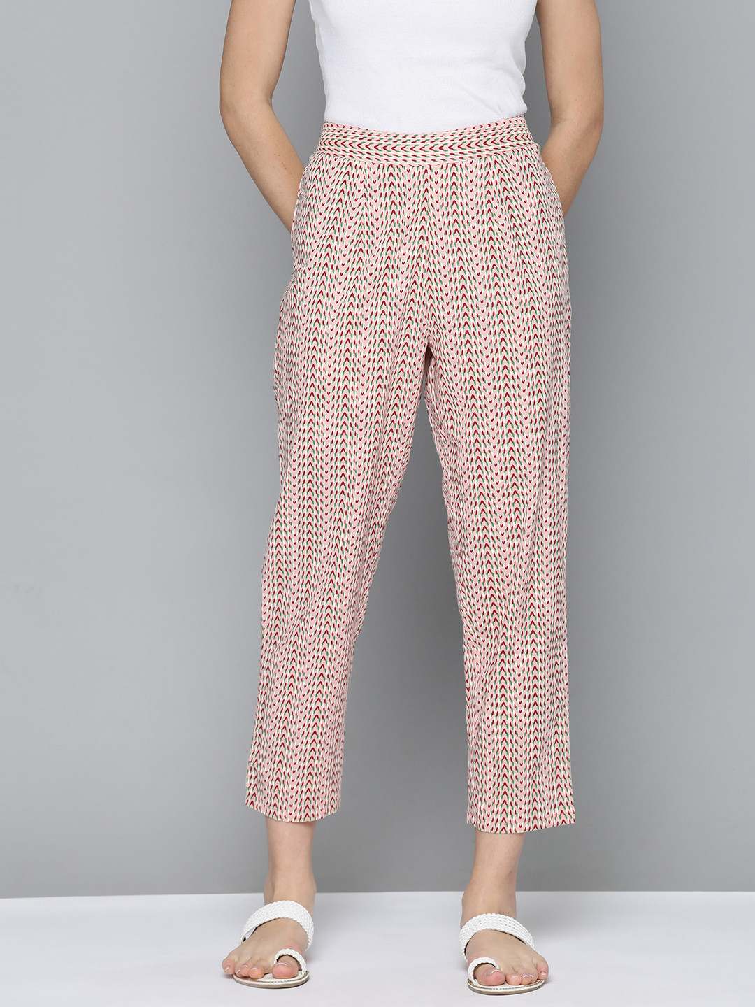 

HERE&NOW Geometric Printed Pure Cotton Trousers, Peach