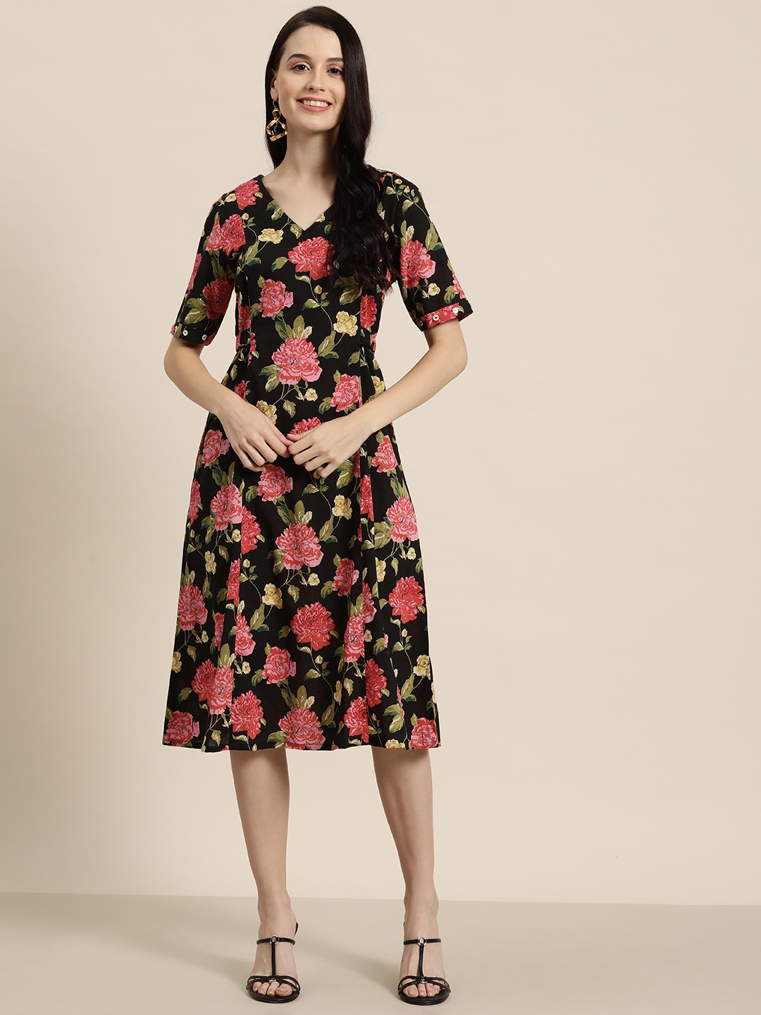 

HERE&NOW Floral Printed Pure Cotton A-Line Dress, Black