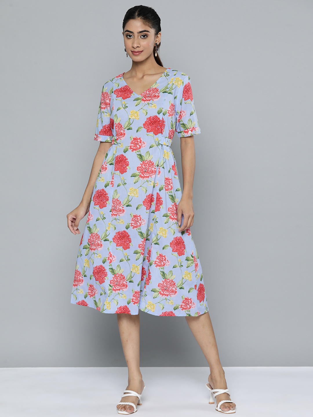 

HERE&NOW Pure Cotton Floral Print Fit & Flare Midi Dress, Blue