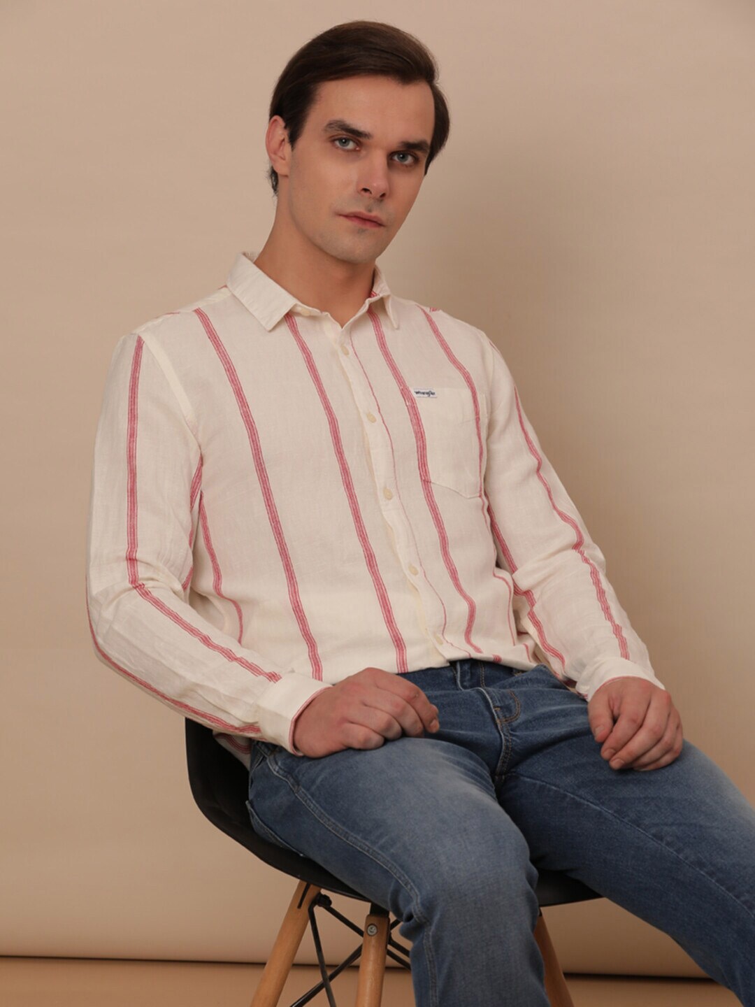 

Wrangler Striped Cotton Linen Casual Shirt, White