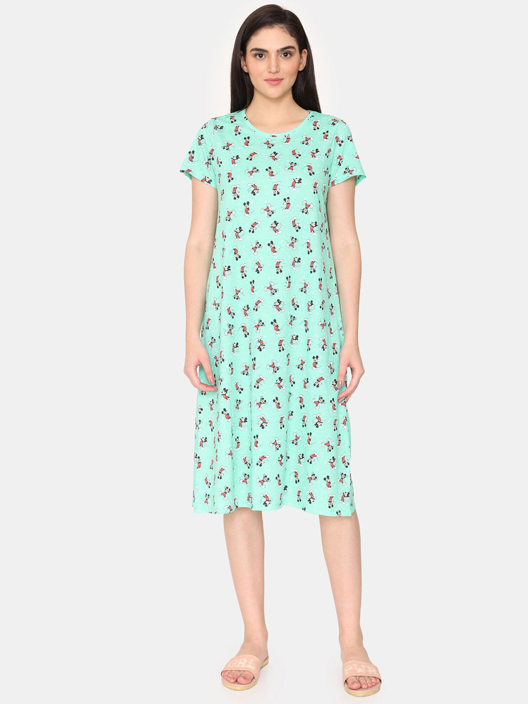 

Rosaline by Zivame Mickey Mouse Printed T-shirt Nightdress, Green