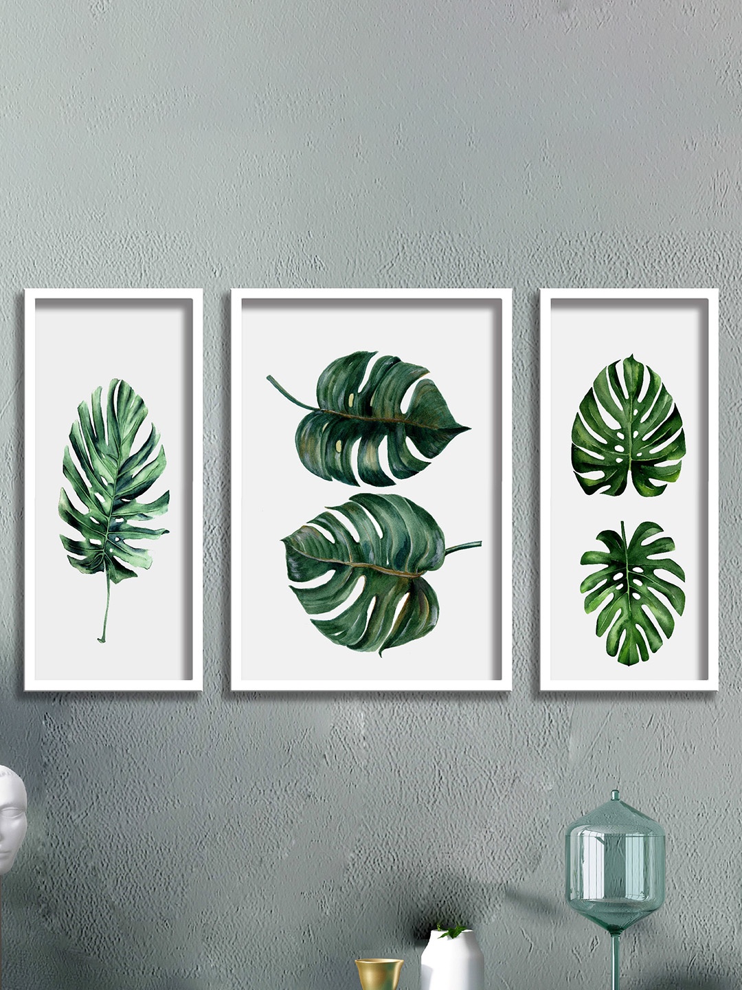 

SAF Green & White 3 Pieces Tropical Leaves Painting UV Coated Framed Wall Art